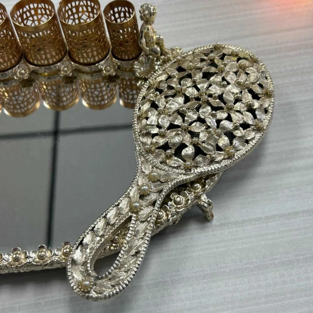 Vintage Sam Fink signed vanity lipstick holder and hand mirror 1950s